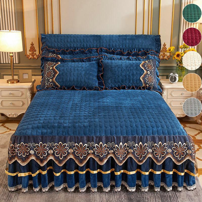 3pcs/set Crystal Velvet Bed Skirt and Pillowcase Three-piece Quilted Thick Velvet Lace Bedspread Winter Warm Short Plush Non-slip Bed Cover