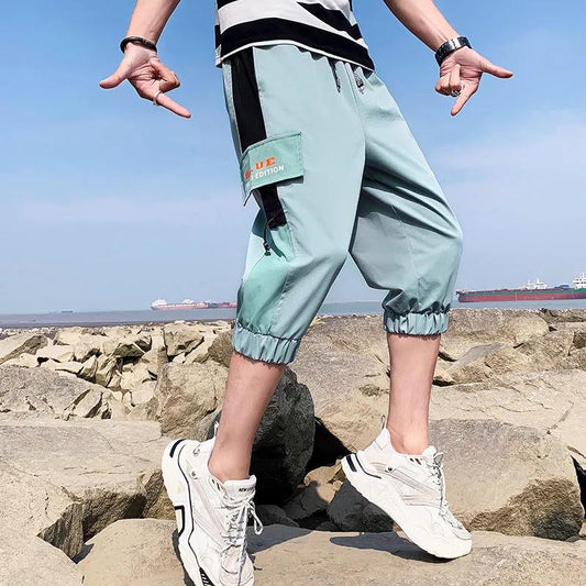 Men's Summer Casual Pants, Men's 7-point Shorts, Outer Wear Student Trend Loose Overalls, Five-point Sports Pants