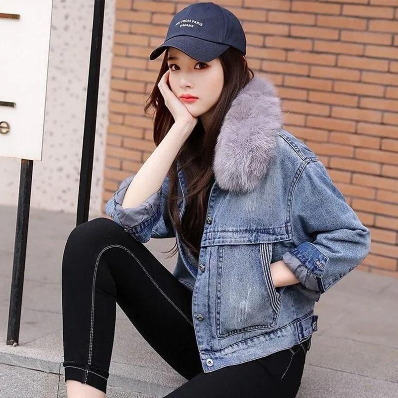 Thickened Denim Jacket Women's Short Fall Winter 2021 New Korean Version of The Bf Small Man Plus Velvet Warm Cotton Coat