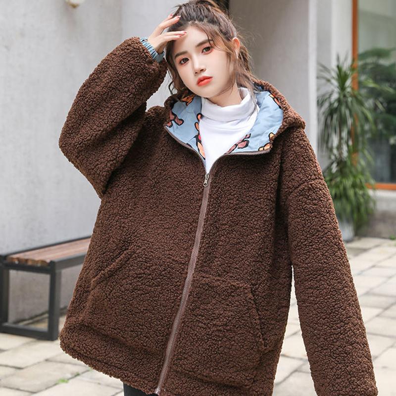 Double-sided Printed Women's Cotton-padded Jacket Spring Autumn Student Jacket Korean Hooded Bear Lamb Wool Cotton Jacket