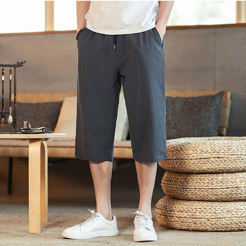 Cropped Pants Men's Linen Shorts Summer Thin Casual Pants Loose Large Size Cotton and Linen Beach Pants