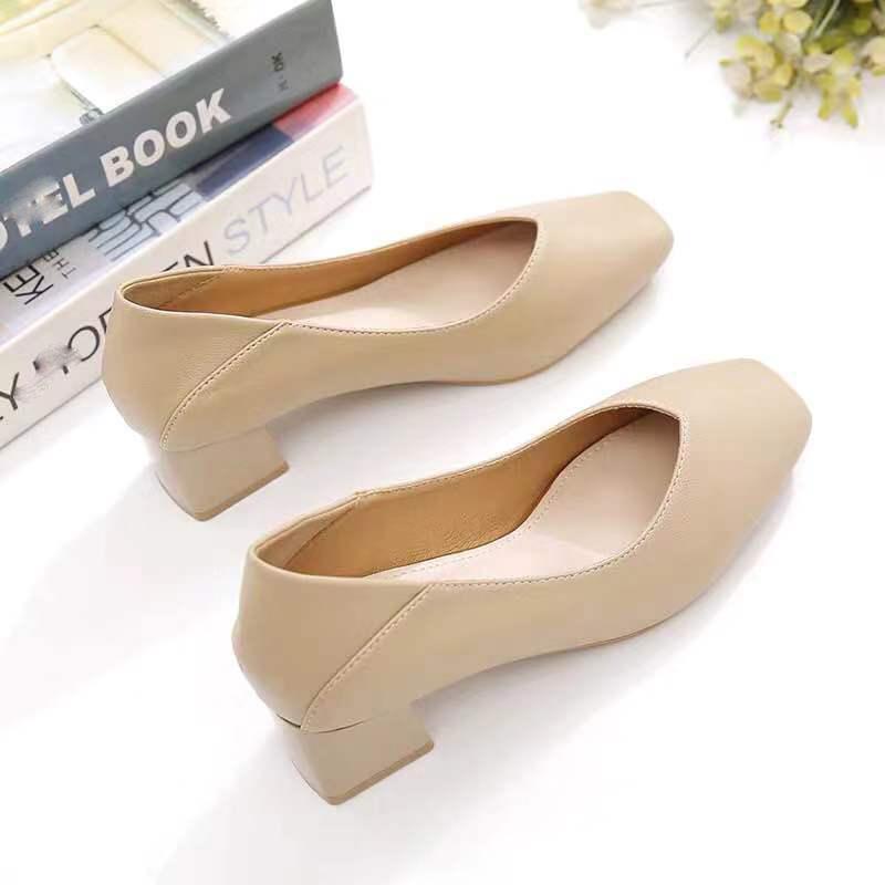 High-heeled Leather Single Shoes Women's Thick-heeled Square-toe Shallow Mouth Work Shoes Soft Leather Slip-on High-heeled Shoes