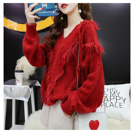 Sweater Women Red Loose Lazy Style V-neck Sweater Young Women Solid Color Fashion Top