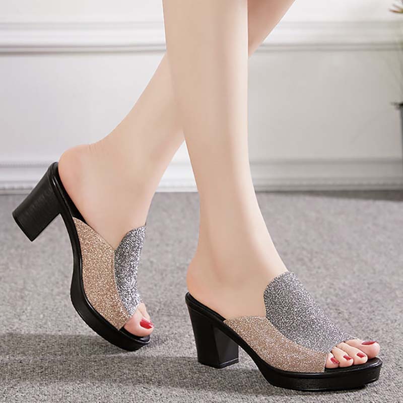 Sandals and Slippers Women Summer Thick-heeled High-heeled All-match Fashion Non-slip Mid-heel Slippers Women Sandals Women