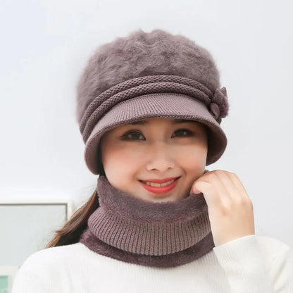 Two-piece Hat and Bib Women Winter Plus Velvet Thick Knitted Hat Rabbit Fur Duck Tongue Wool Hat