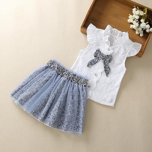 Girls Clothing Sets Summer Sleeveless Bow Ruffle Embroidery T-shirt+Print Bow Skirt 2Pcs for Kids Clothing Sets Baby Clothes Outfits Suit