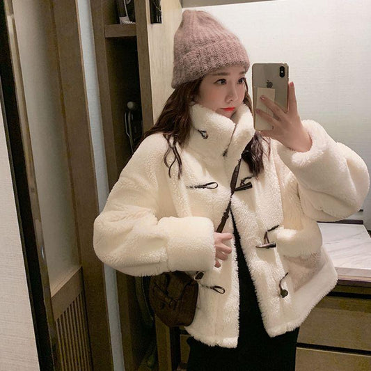 Winter All-match Age-reducing Lamb Fur Coat with Horns Buckle Female Thickened Warm Furry Short Fur Coat