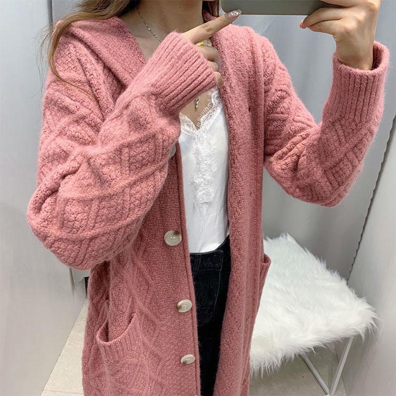 Autumn and Winter Knitted Cardigan Jacket Mid-length Over The Knee Loose Hoodie Thick Casual Women's Top