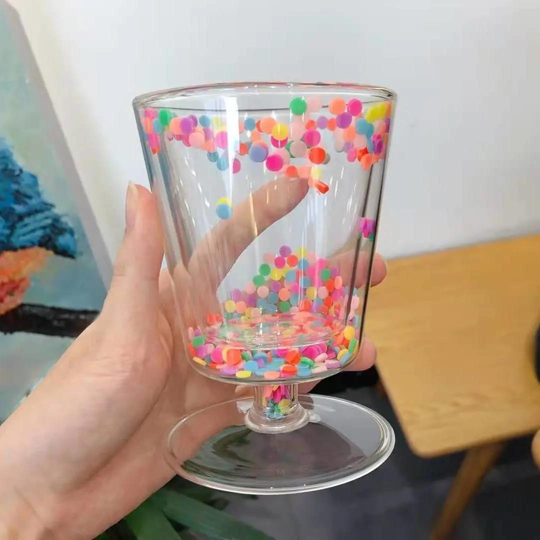 Korean Version of Ins Girl Creative Cute Double Glass Cup Goblet Flowing Color Film Water Cup New Year Gift Cup