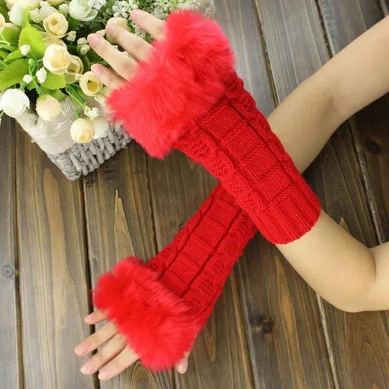 Women's Winter Plush Gloves Woolen Knitted Thickened Arm Sleeves Fake Sleeves Fingerless Mittens Half-finger Lengthened Hand Wrist Warmer Gloves