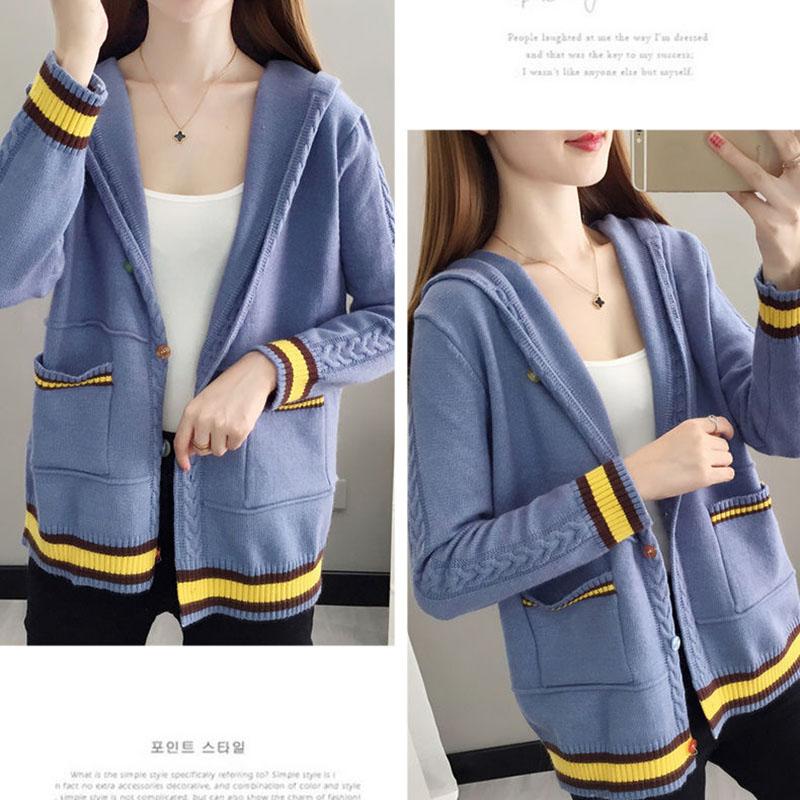 Spring and Autumn Knitted Cardigan Sweater Loose Hooded Large Size Top Short Color-blocking Women's Jacket