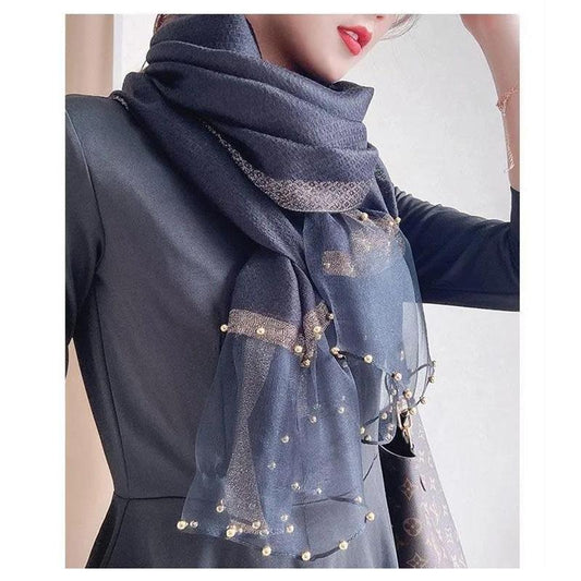 Women's Boutique Silk Scarf Mulberry Silk Scarf Warm Autumn and Winter Shawl Scarf Embroidered Gauze Scarves Pearl Hem Decor Neckerchief Solid Shawl