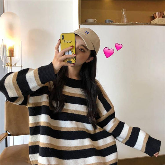 Pofulove  Hit Color Striped Sweater Women Korean Lazy Loose Was Thin Bottoming Sweater Fashion