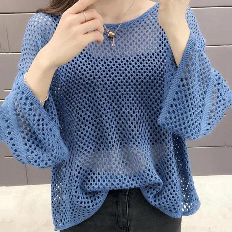 Summer Ice Silk Knitted Sunscreen Blouse Trumpet Net Shirt Top Hole Thin Women's Loose Hollow See-through Fabric Light and Breathable