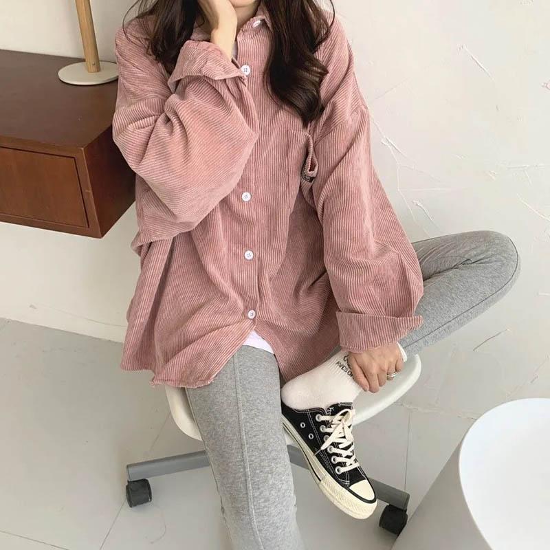 Autumn Korean Retro Corduroy Long-sleeved Loose Lazy Wind Mid-length Shirt Jacket Jacket Women