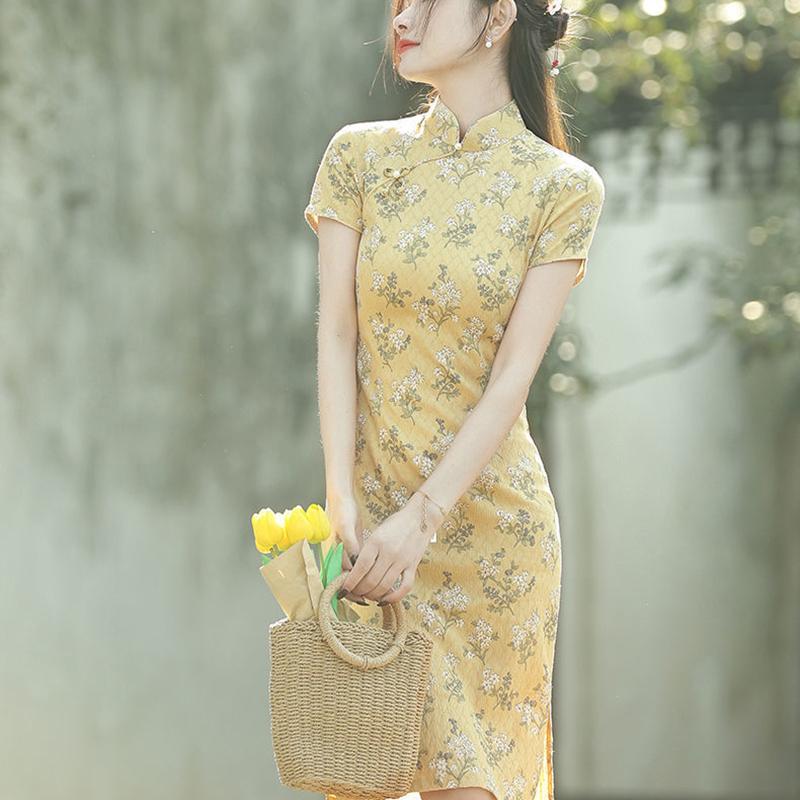 2021 Cheongsam Summer Young Little Man Improved Dress Yellow Daily Girl Retro Temperament