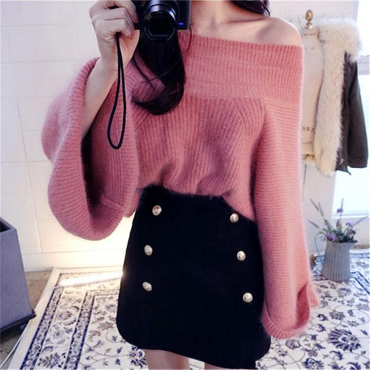 Autumn and Winter Sexy Off-the-shoulder Blouse Mink Fleece Pullover Sweater Loose Big Flared Bottoming Shirt