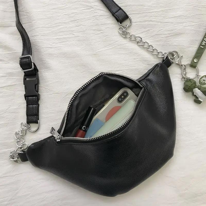 Unisex Casual Sling Bag Waist Packs Shoulder Crossbody Bags Zipper Chain Black PU Leather Bag