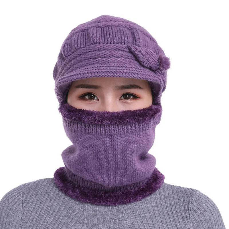 Women's Winter One-piece Hat Cycling Windproof Warm Hat Bib Integrated Plus Velvet Thick Knitted Woolen Hat