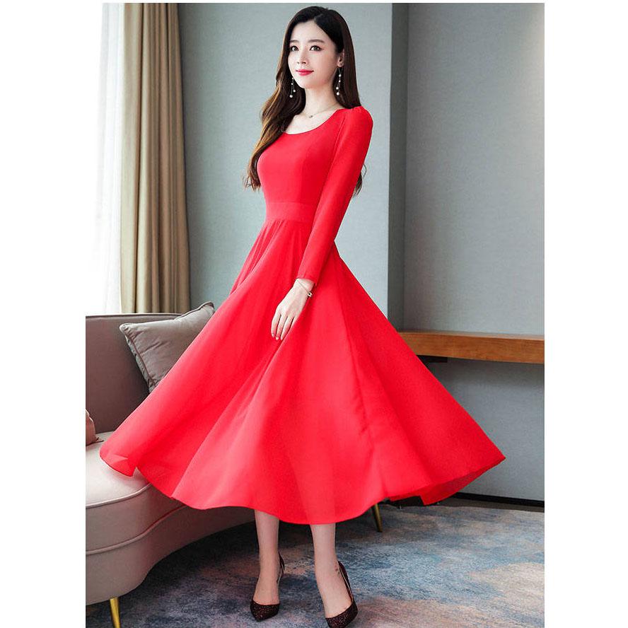 Chiffon large swing dress female long spring and autumn dress plus size long-sleeved slim skirt