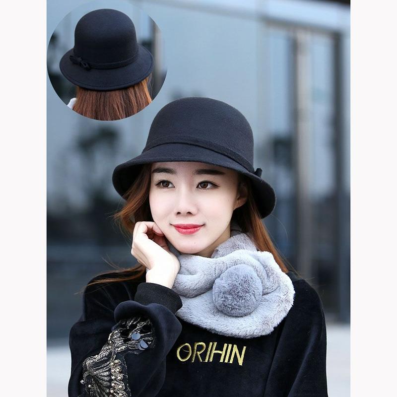 Women's Simple Elegant Pot Hat Wool Blended Bow Basin Hat Autumn Winter Solid Color Casual All-match Bucket Hat