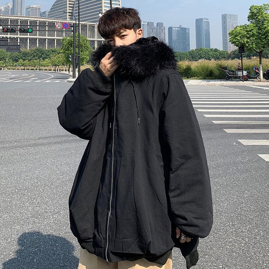 Winter Men's Big Fur Collar Hooded Cotton-padded Jacket Plus Velvet Thickening Korean Version of The Trend of Hong Kong Style Loose Jacket