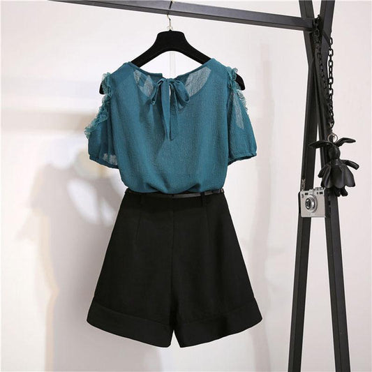 Fashion  Oversized Shorts 2 Piece Set Off-shoulder Blouse Shorts Two-piece Summer Chiffon Shorts Set