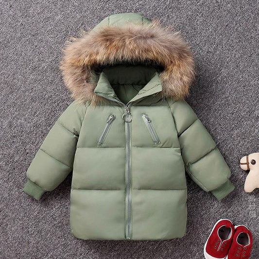 White Duck Down Girls Down Jacket Mid-length Thick Down Jacket Fur Collar Hooded Jacket