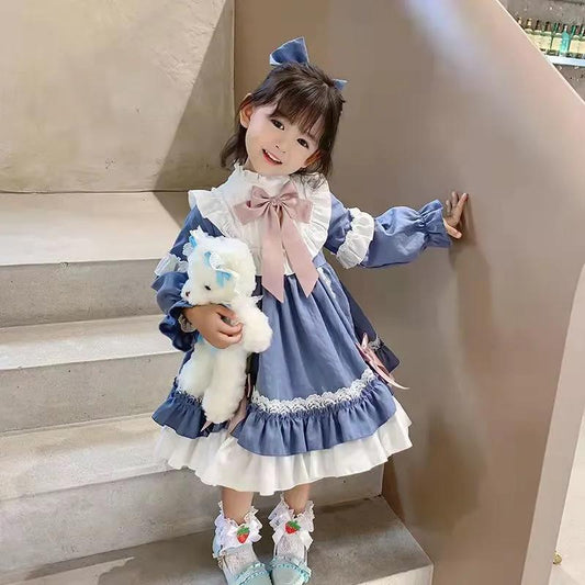 Girls Dress Lolita Children's Princess Dress Sky Blue Stitching Cute Little Girl Sweet Tutu Skirt Vintage Lace Dress