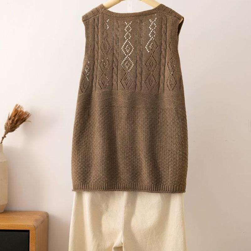 V-neck Vest Women's Spring and Autumn Wear Hollow Retro Literary and Artistic Knitted Vest Wear Loose Top