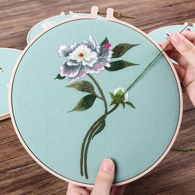 Floral Hand Cross Stitch Embroidery Cloth Starter Kits Needlepoint Color Threads Bamboo Hoop DIY