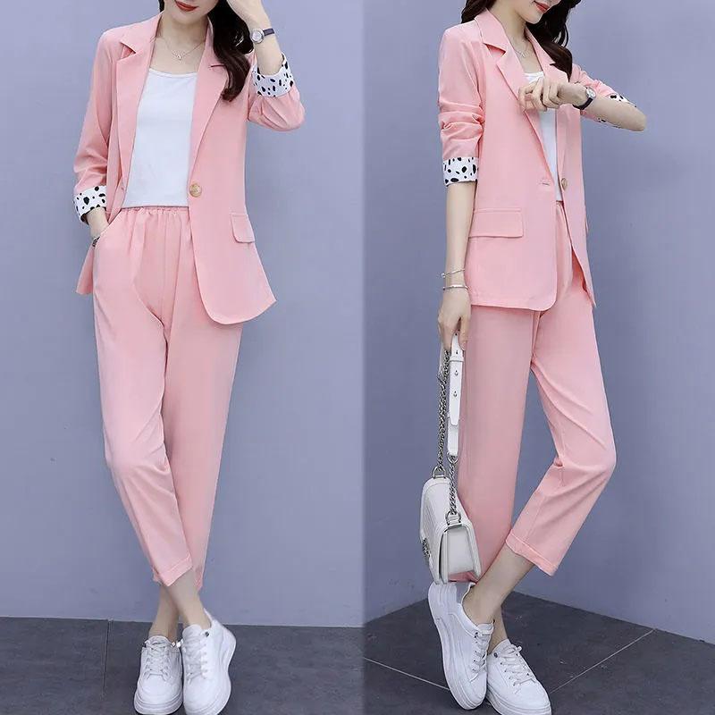 2PCS Women's Solid Color Suits Set Spring and Autumn Suit Thin Jacket + Loose Casual Pants Two-piece Large Size Fat Girl Slimming Suit