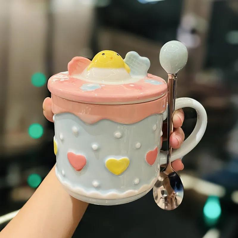 Cute Strawberry Cake Ceramic Cup High-value Girl Heart Student Mug with Lid Spoon Breakfast Oatmeal Coffee Cup