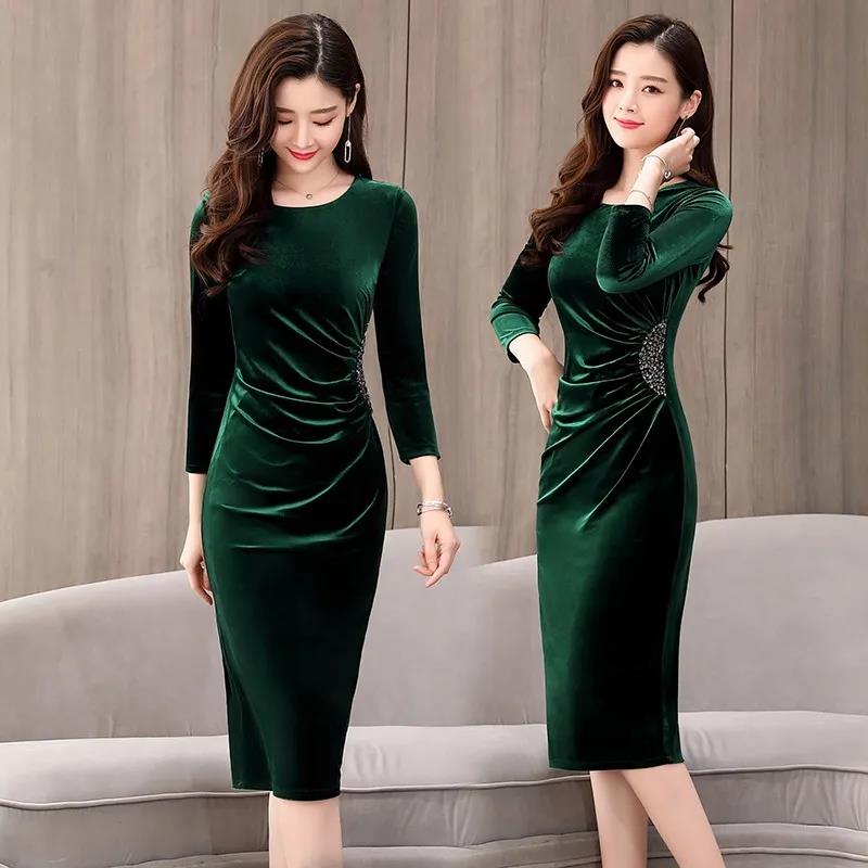 Women's Spring and Autumn Long Dress Gold Velvet Dress Long Sleeve Skirt