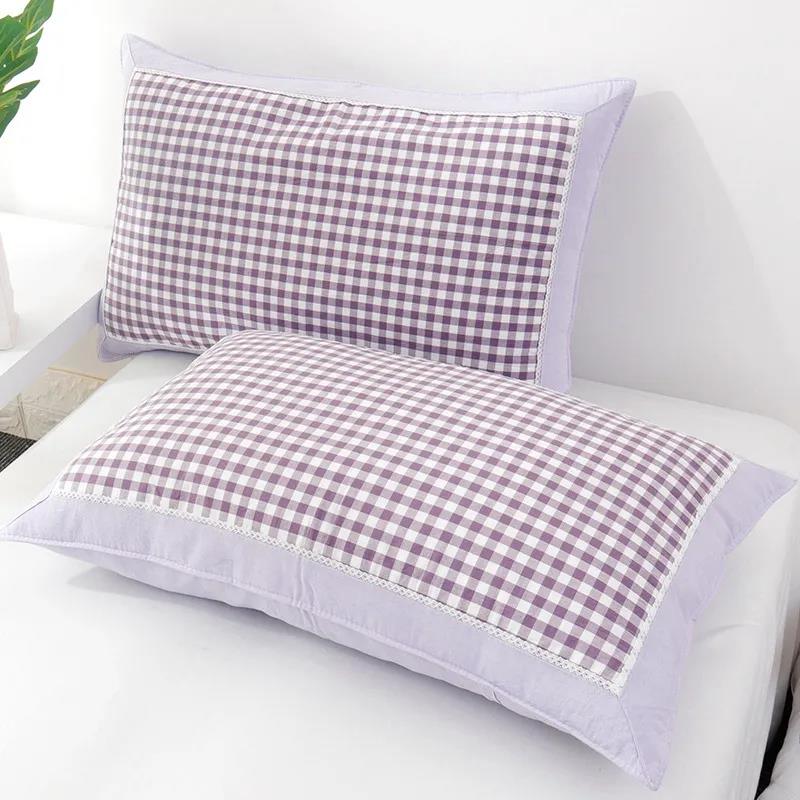 Pillowcase Pure Cotton Thickened Single Double Pillow Case 48x74cm Check Lace Pillow Cover