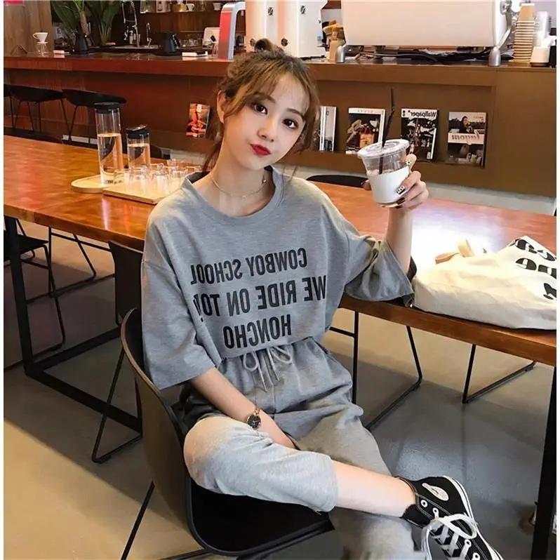 2PCS Summer Student Loose Letter Short Sleeve T-Shirt + Straight Ninth Pants Ladies Casual Sports Two-piece Suit Jogging Suits for Girl