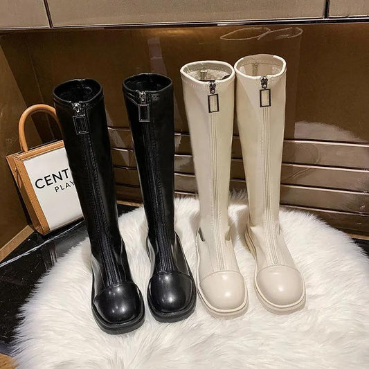 Elastic Boots Single Boot Front Zipper Versatile Long Boots Women's Slim Flat Bottomed Knight Boots Leather Boots