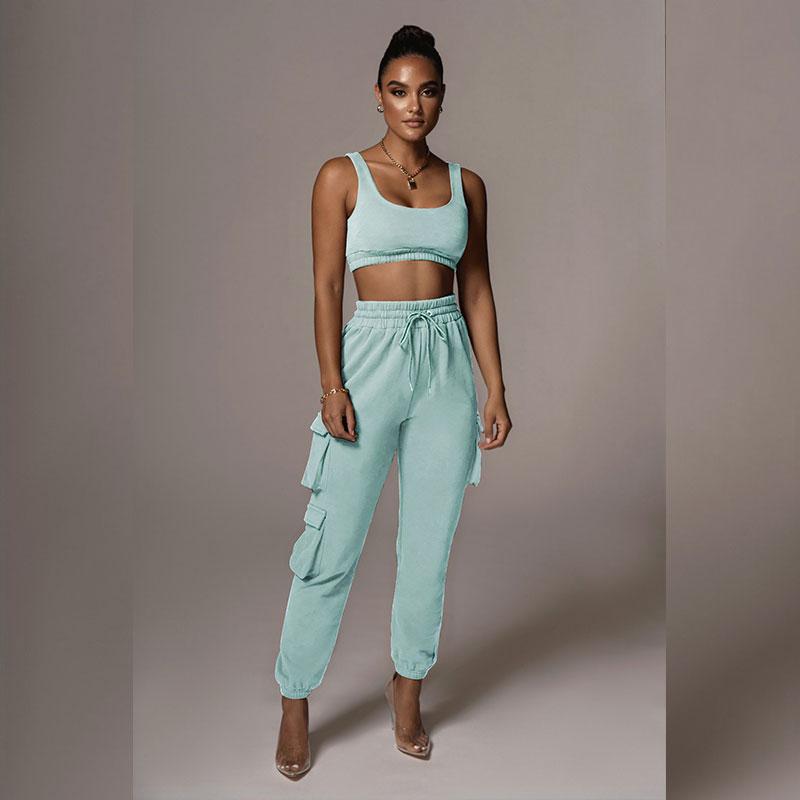 Women Solid Tracksuit Summer Cargo Pants and O-Neck Vest Two Piece Sets High Street Punk Style Sports Suits Pockets Cropped Pant