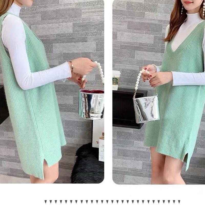 Autumn and Winter Long Knitted Sweater Loose V-neck Versatile Dress Casual Solid Color Women's Vest Dress