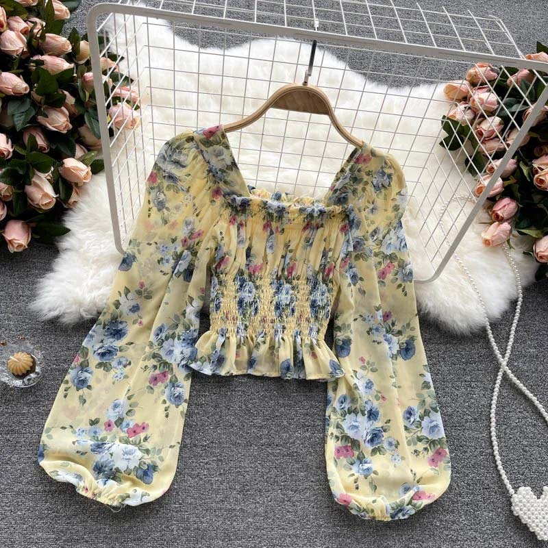 Floral Chiffon Shirt French Sweet Flower Print Bubble Lantern Sleeves Off the Shoulder Top Slim Blouses Sexy Pullover Womens Tops Summer Blouse