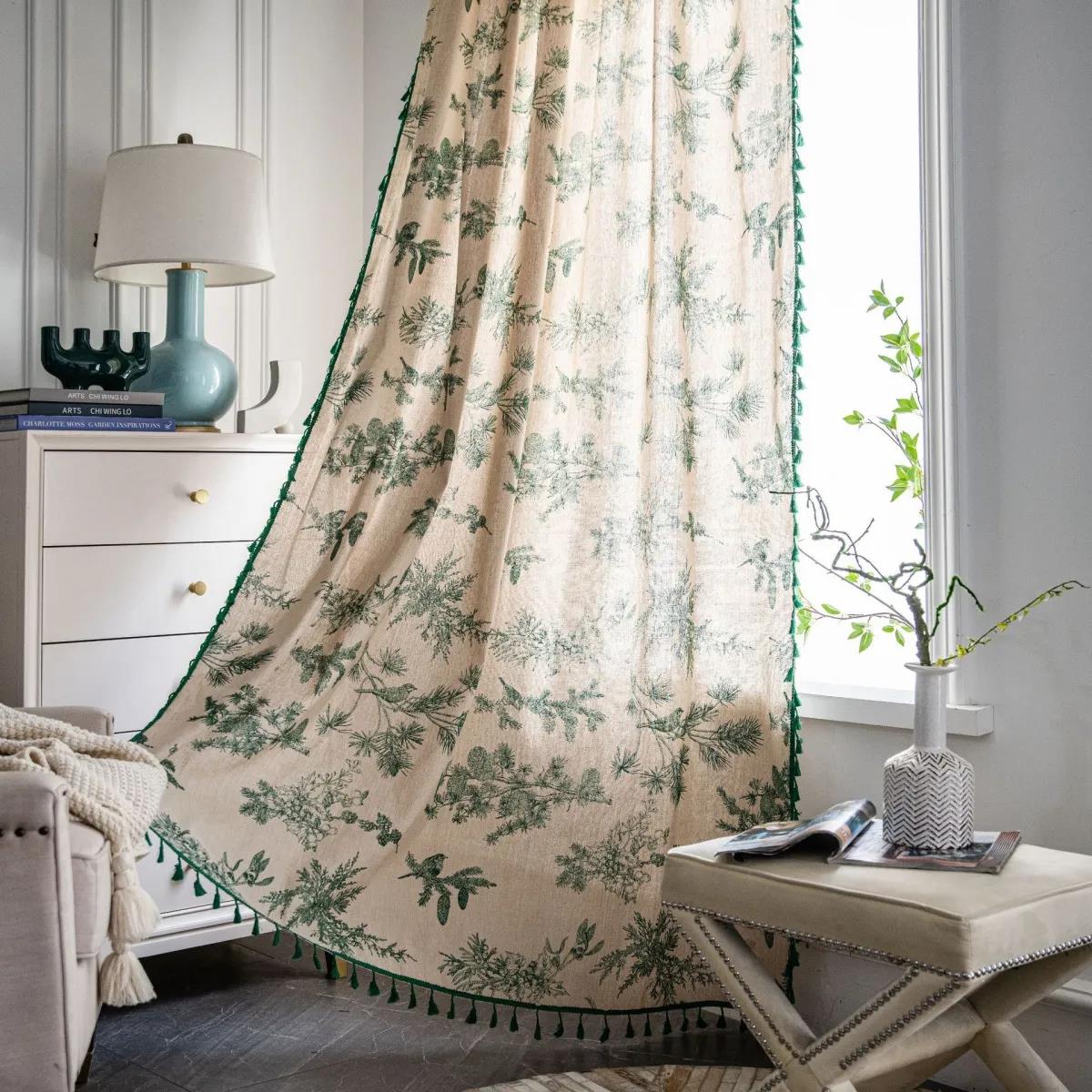 Home Curtain, Translucent Style Curtains, Green Tassels, Retro Curtains, Retro Style Living Room Curtain, Green Flower Print Curtain, Gifts