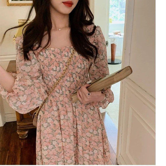 Women's Spring and Summer French Elegant Waist Slim Mid Length Versatile High Waist Floral Chiffon Dress