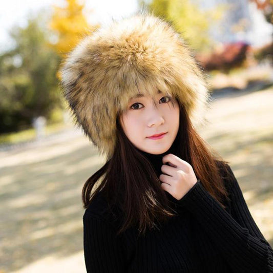 Female Autumn Winter Round Flat Top Imitation Fox Fur Hat Thick Russian Warm Hat with Tail Windproof Ear Style High Quality Fedoras Female Headgear