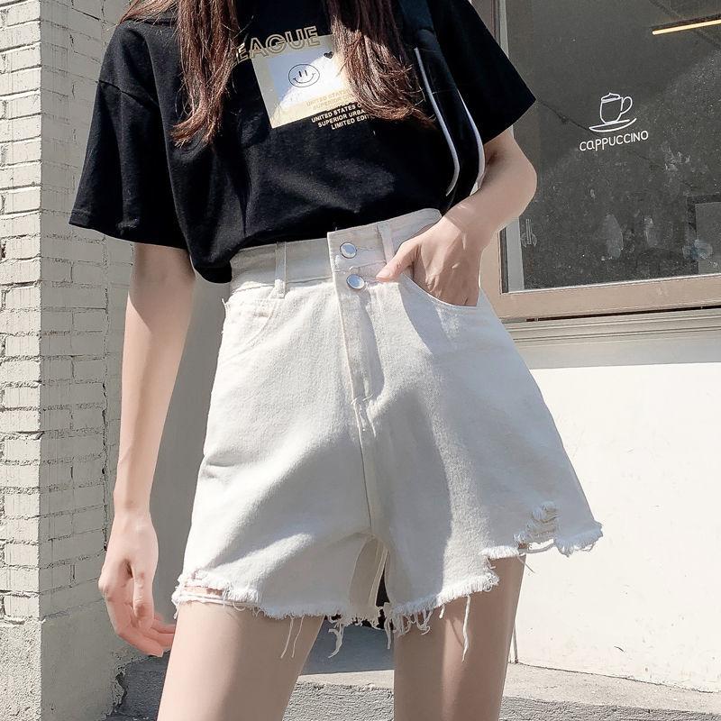 Denim Shorts Women's High Waist Summer Korean Style Loose and Thin A-line Ripped Pants