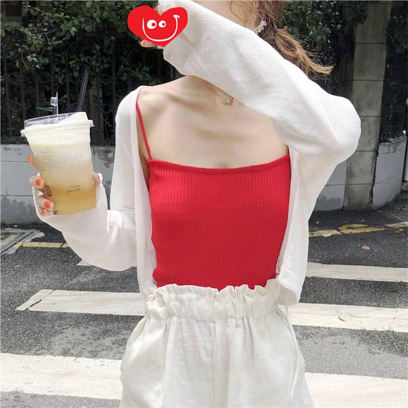 Cardigan Chiffon Women's Sun Protection Clothing Women's Short Thin Coat with Suspenders Shawl Summer