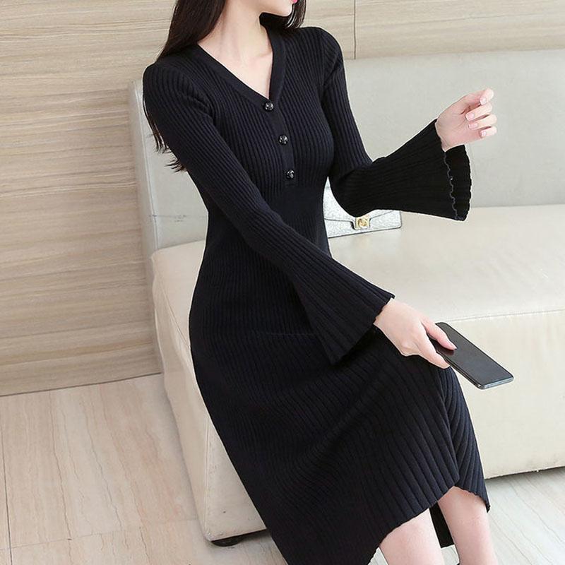 Autumn and Winter V-neck Knitted Dress Thick Flared Sleeve Tight-fitting Base Dress Mid-length Over The Knee Women's Sweater Dress