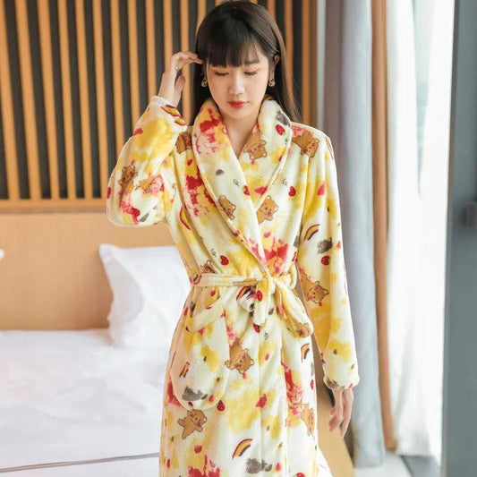 Women's Winter Coral Velvet Pajamas Robe Nightgown Flannel Bathrobe Long Thickened Plus Velvet Nightgown Loose Lace Home Clothes