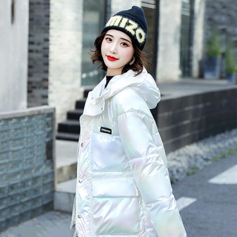 Women's Glossy Mid-length Down Jacket Winter Korean Style Loose Cotton Clothes Casual Hooded Padded Jacket