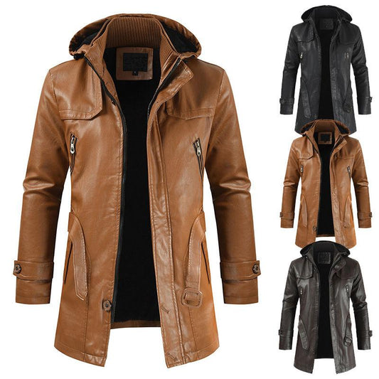 Men's Casual Fashion Mid-length PU Leather Hooded Slim Youth Motorcycle Leather Jacket