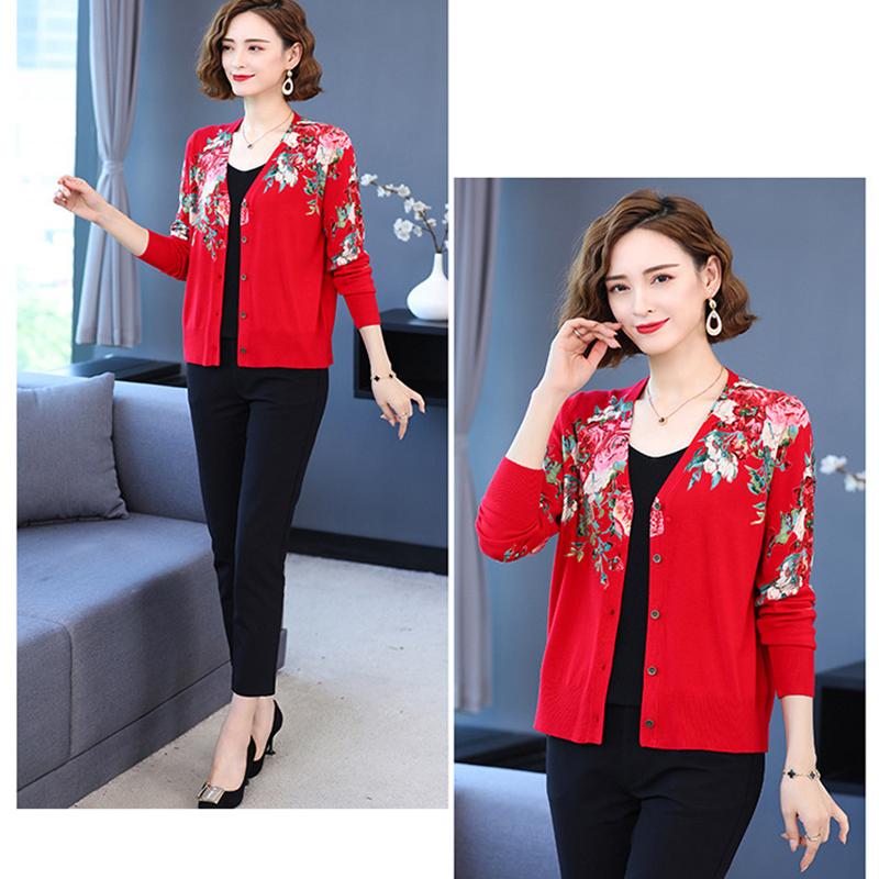 Autumn and Winter Women's Printed Cardigan V-neck Casual Sweater Coat High-end Wool Plus Size Cardigan